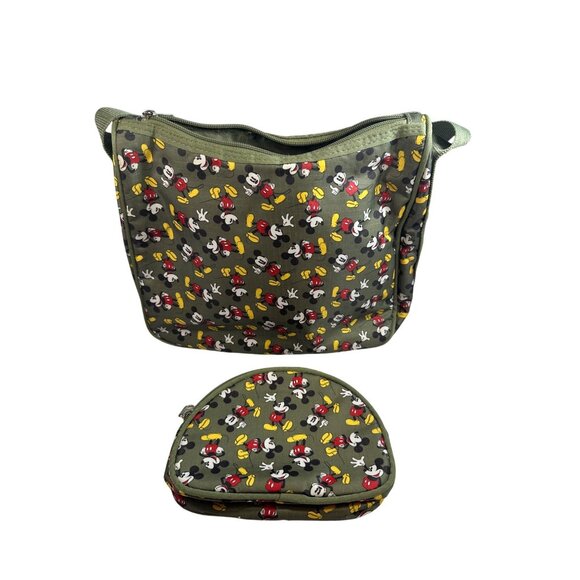 Disney Mickey Mouse Print Olive Green Crossbody Bag & Matching Coin Purse Set - Picture 2 of 4